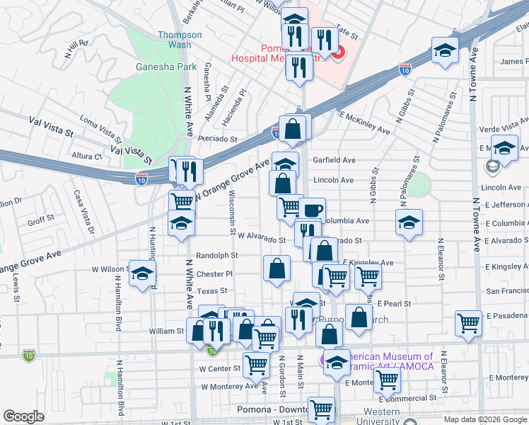 map of restaurants, bars, coffee shops, grocery stores, and more near 1140 North Park Avenue in Pomona