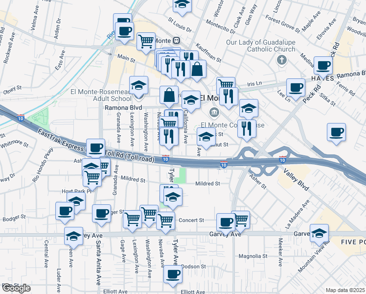 map of restaurants, bars, coffee shops, grocery stores, and more near 3345 California Avenue in El Monte