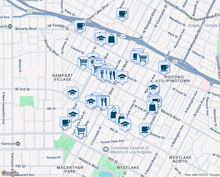 map of restaurants, bars, coffee shops, grocery stores, and more near 110 South Benton Way in Los Angeles