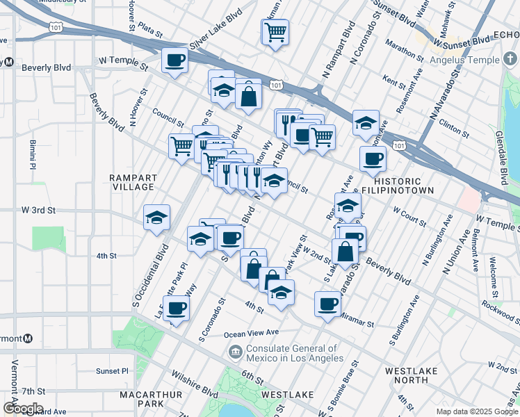 map of restaurants, bars, coffee shops, grocery stores, and more near 2575 Beverly Boulevard in Los Angeles