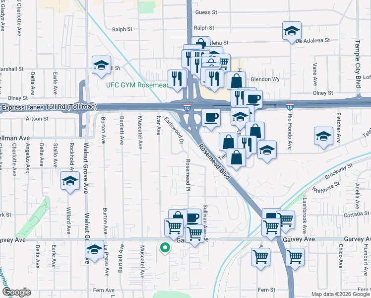 map of restaurants, bars, coffee shops, grocery stores, and more near 3363 Earlswood Drive in Rosemead