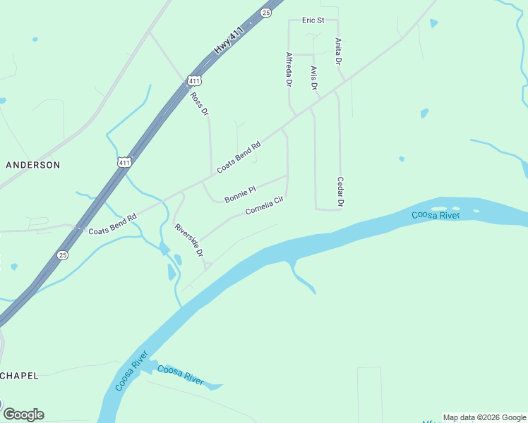 map of restaurants, bars, coffee shops, grocery stores, and more near 584 Cornelia Circle in Gadsden