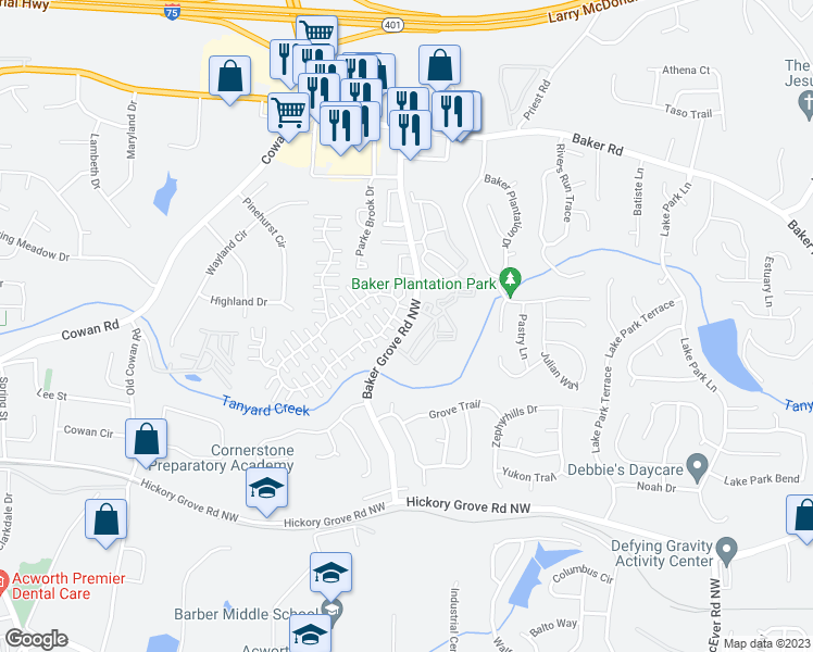 map of restaurants, bars, coffee shops, grocery stores, and more near Baker Grove Road in Acworth