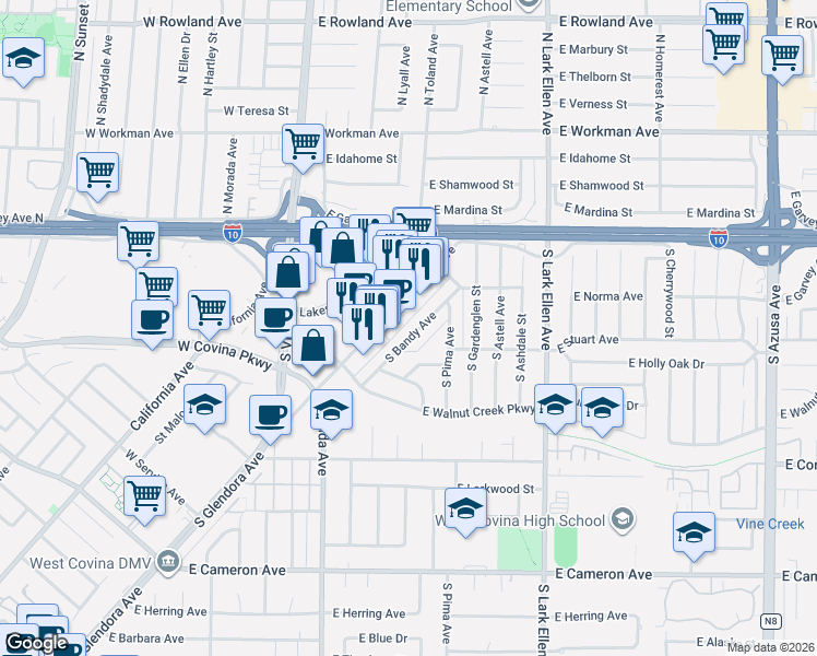 map of restaurants, bars, coffee shops, grocery stores, and more near 229 South Bandy Avenue in West Covina