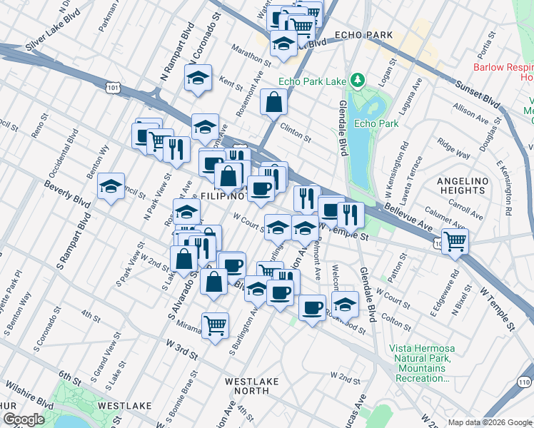 map of restaurants, bars, coffee shops, grocery stores, and more near 330 North Westlake Avenue in Los Angeles