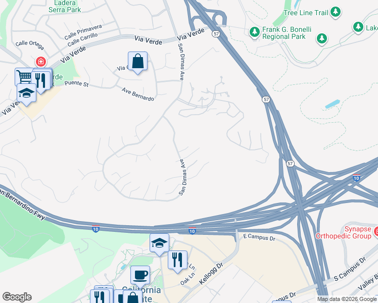 map of restaurants, bars, coffee shops, grocery stores, and more near 246 Calle Solana in San Dimas