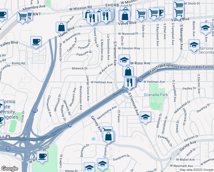 map of restaurants, bars, coffee shops, grocery stores, and more near 2108 La Paloma Avenue in Alhambra