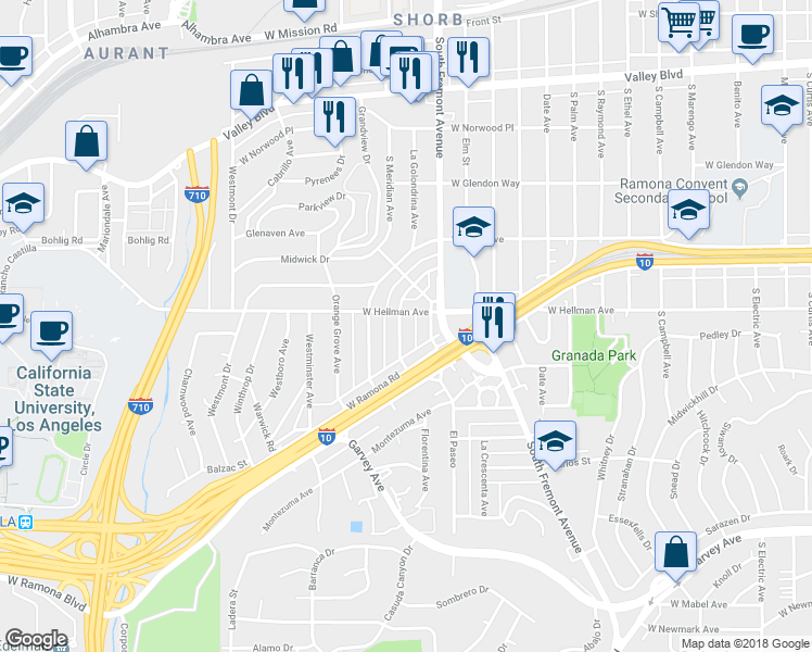 map of restaurants, bars, coffee shops, grocery stores, and more near 2108 La Paloma Avenue in Alhambra