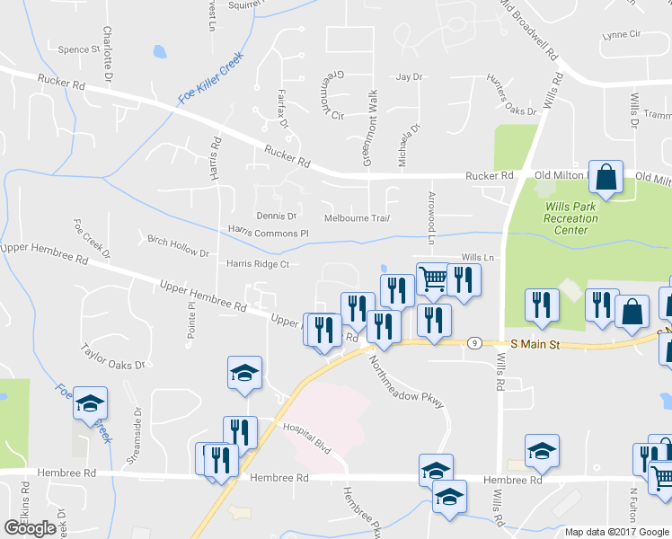 map of restaurants, bars, coffee shops, grocery stores, and more near 1461 Bellsmith Drive in Roswell
