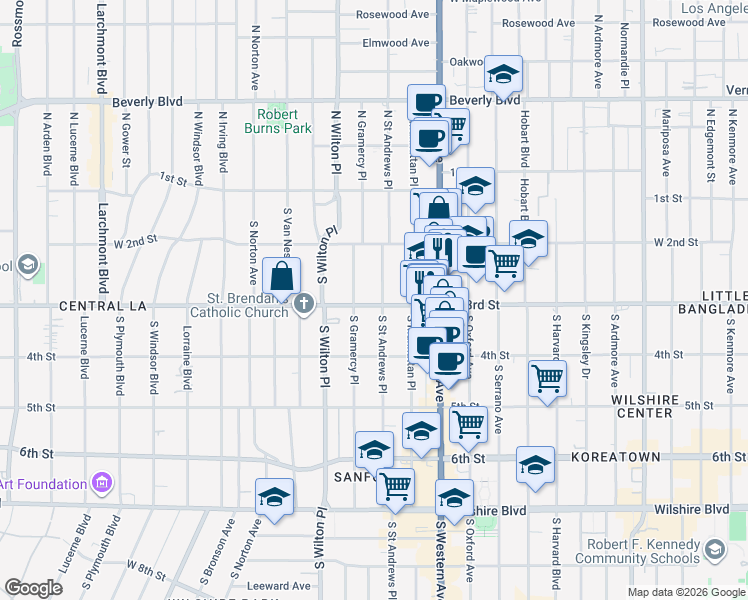 map of restaurants, bars, coffee shops, grocery stores, and more near 4455 West 3rd Street in Los Angeles