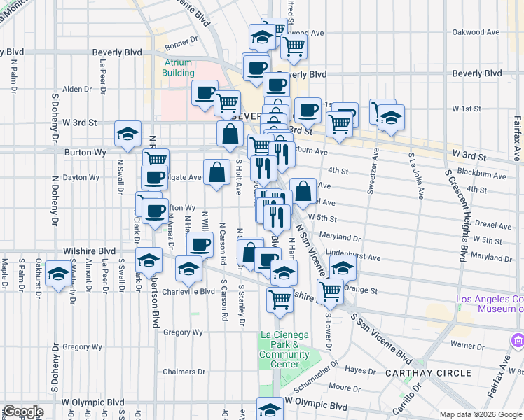 map of restaurants, bars, coffee shops, grocery stores, and more near 166 Le Doux Road in Beverly Hills