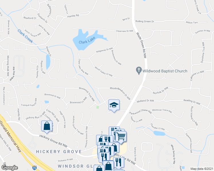 map of restaurants, bars, coffee shops, grocery stores, and more near 1470 Rhododendron Drive Northwest in Acworth