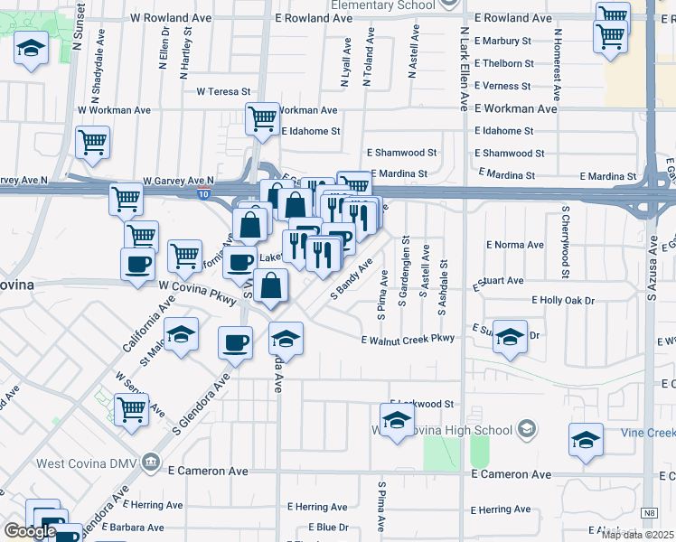 map of restaurants, bars, coffee shops, grocery stores, and more near 232 South Glendora Avenue in West Covina