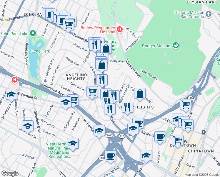 map of restaurants, bars, coffee shops, grocery stores, and more near 957 1/2 Everett Street in Los Angeles
