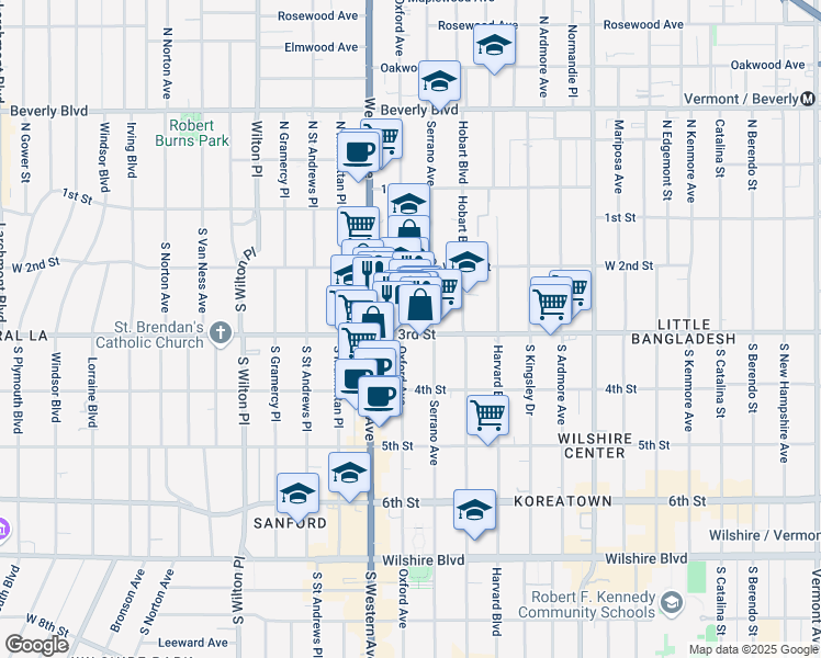 map of restaurants, bars, coffee shops, grocery stores, and more near 256 South Oxford Avenue in Los Angeles