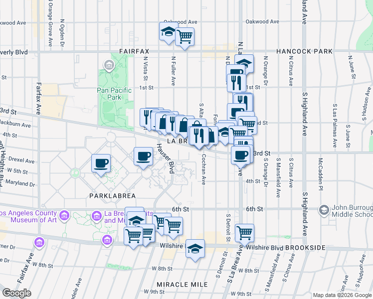 map of restaurants, bars, coffee shops, grocery stores, and more near 344 Hauser Boulevard in Los Angeles