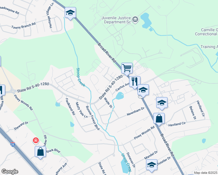 map of restaurants, bars, coffee shops, grocery stores, and more near 1225 Piney Grove Rd in Columbia