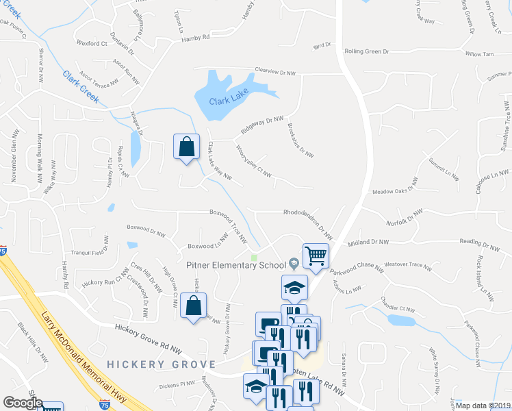 map of restaurants, bars, coffee shops, grocery stores, and more near 1520 Rhododendron Drive Northwest in Acworth