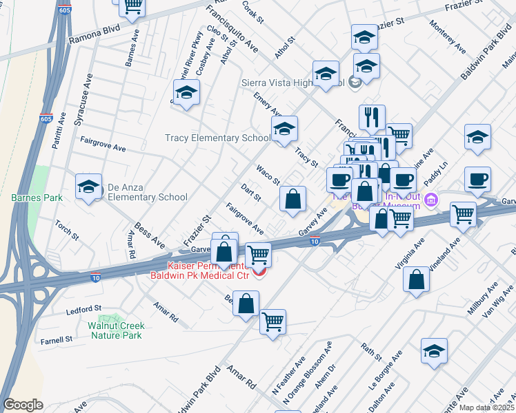 map of restaurants, bars, coffee shops, grocery stores, and more near 13120 Dart Street in Baldwin Park
