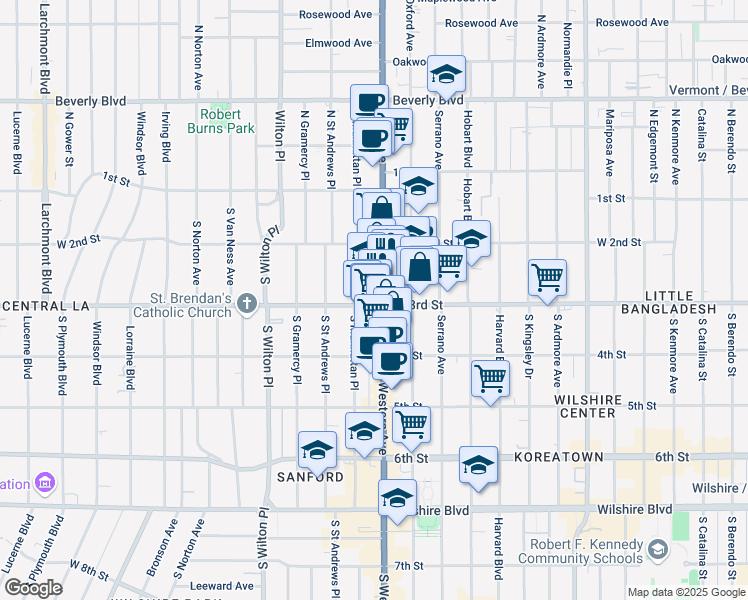 map of restaurants, bars, coffee shops, grocery stores, and more near 301 South Western Avenue in Los Angeles
