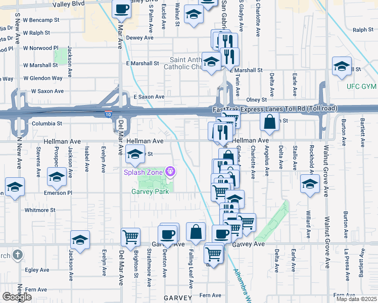 map of restaurants, bars, coffee shops, grocery stores, and more near 3342 Lafayette Street in Rosemead