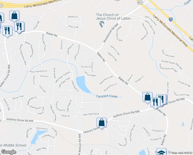 map of restaurants, bars, coffee shops, grocery stores, and more near 3009 Estuary Ridge in Acworth