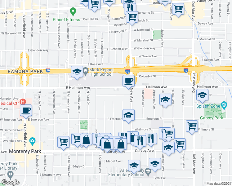 map of restaurants, bars, coffee shops, grocery stores, and more near 909 Hershey Avenue in Monterey Park