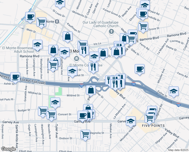 map of restaurants, bars, coffee shops, grocery stores, and more near 11424 Valley Boulevard in El Monte