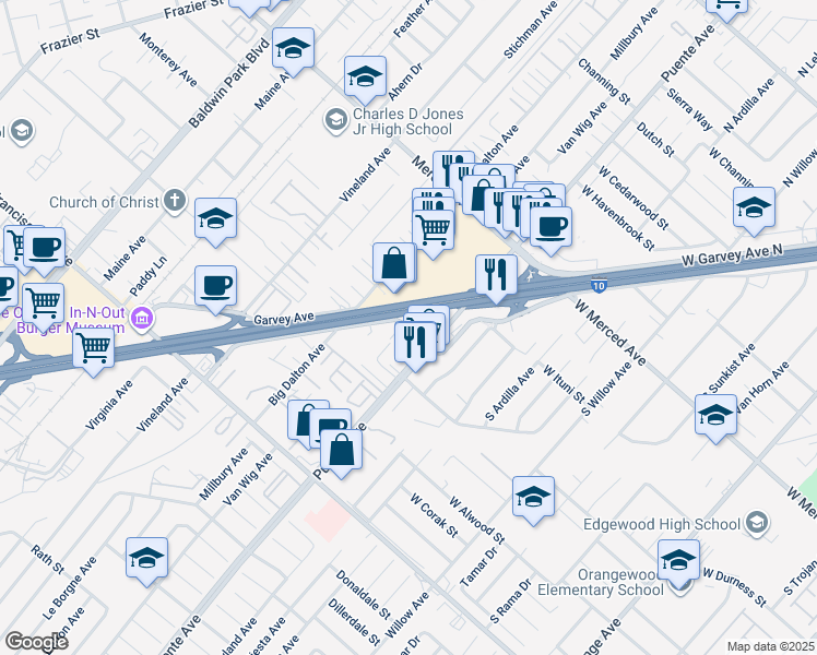 map of restaurants, bars, coffee shops, grocery stores, and more near 14626 Dalewood St in Baldwin Park