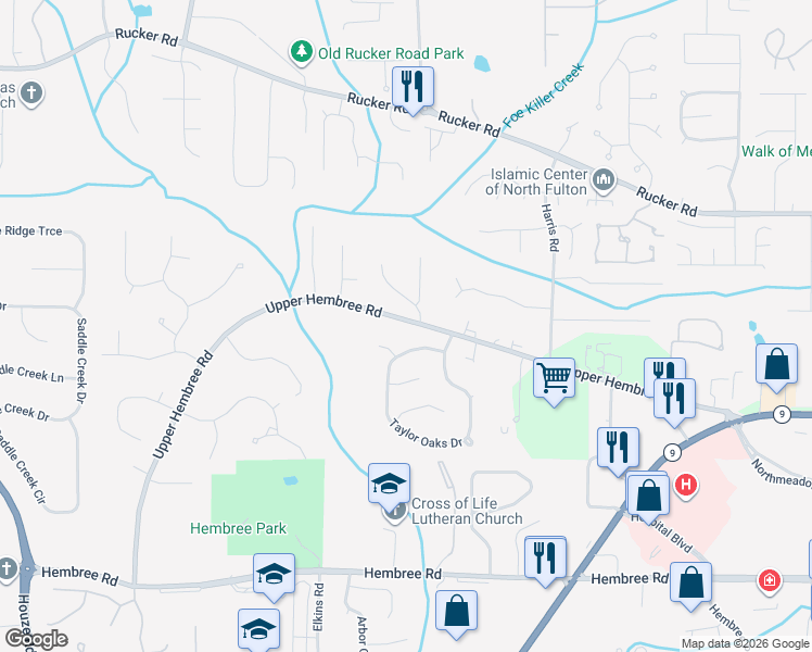 map of restaurants, bars, coffee shops, grocery stores, and more near 965 Upper Hembree Road in Roswell