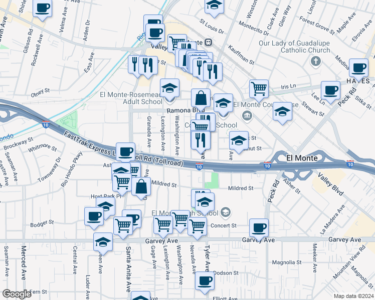 map of restaurants, bars, coffee shops, grocery stores, and more near 3327 Nevada Avenue in El Monte