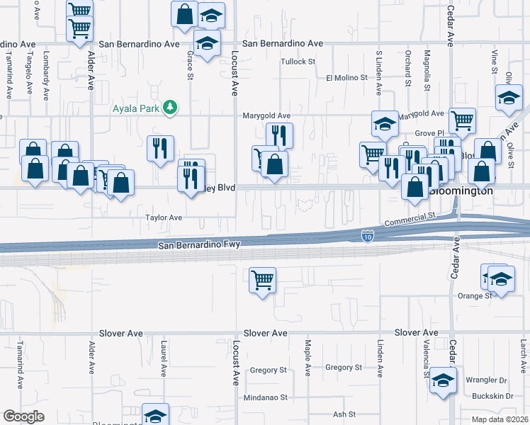 map of restaurants, bars, coffee shops, grocery stores, and more near 18180 Valley Boulevard in Bloomington