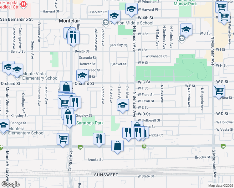 map of restaurants, bars, coffee shops, grocery stores, and more near 10151 Bel Air Avenue in Montclair