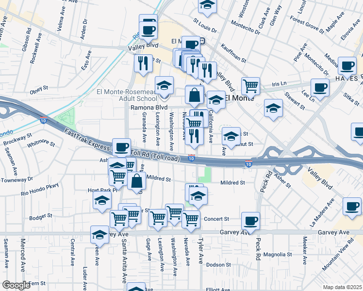 map of restaurants, bars, coffee shops, grocery stores, and more near 3327 Nevada Avenue in El Monte