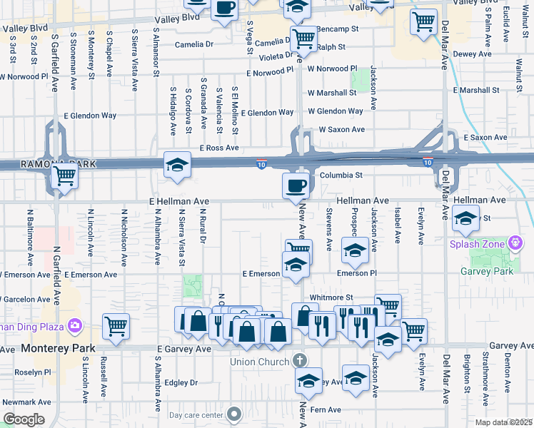 map of restaurants, bars, coffee shops, grocery stores, and more near 909 Hershey Avenue in Monterey Park
