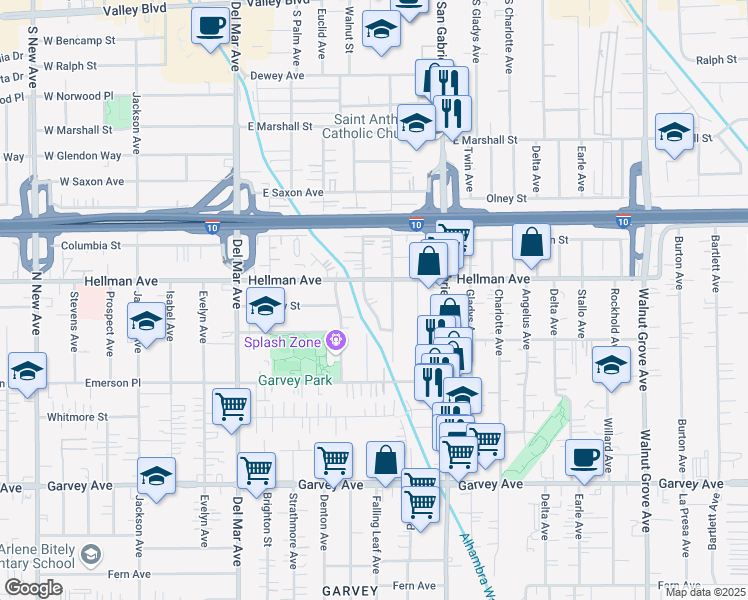 map of restaurants, bars, coffee shops, grocery stores, and more near 3342 Lafayette Street in Rosemead