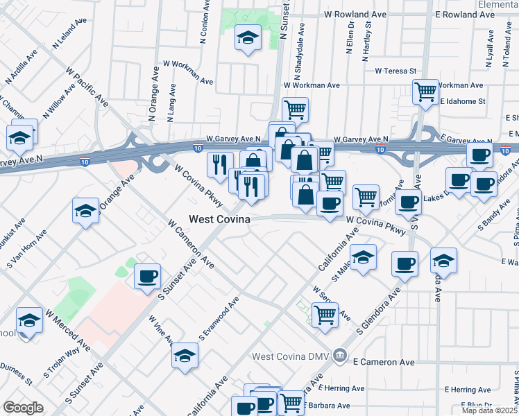 map of restaurants, bars, coffee shops, grocery stores, and more near 636 South Sunset Avenue in West Covina