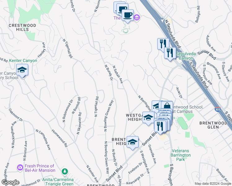 map of restaurants, bars, coffee shops, grocery stores, and more near 524 North Bundy Drive in Los Angeles