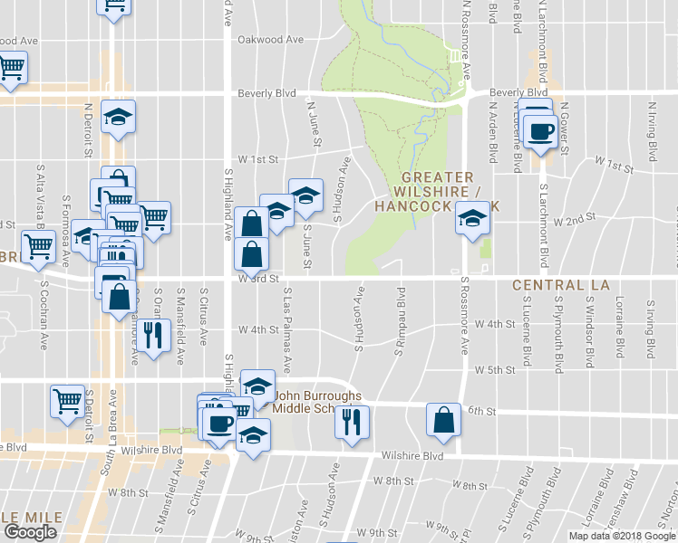 map of restaurants, bars, coffee shops, grocery stores, and more near 258 South Hudson Avenue in Los Angeles