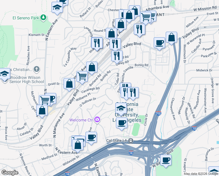 map of restaurants, bars, coffee shops, grocery stores, and more near 5158 Cavanagh Road in Los Angeles