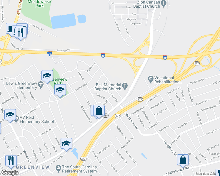 map of restaurants, bars, coffee shops, grocery stores, and more near 7111 Lou Lane in Columbia