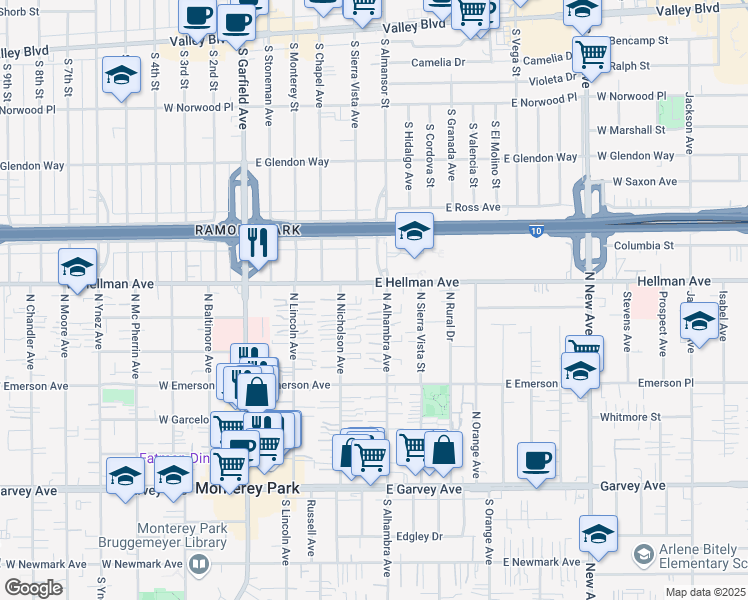 map of restaurants, bars, coffee shops, grocery stores, and more near 330 East Hellman Avenue in Monterey Park