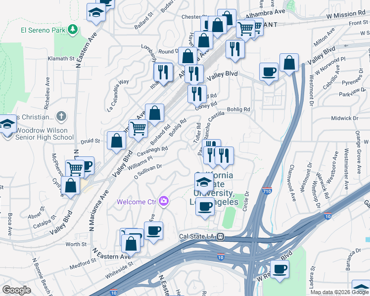 map of restaurants, bars, coffee shops, grocery stores, and more near 5158 Cavanagh Road in Los Angeles