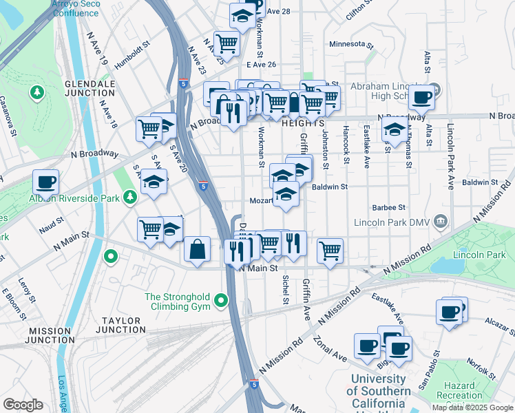 map of restaurants, bars, coffee shops, grocery stores, and more near 2611 Mozart Street in Los Angeles
