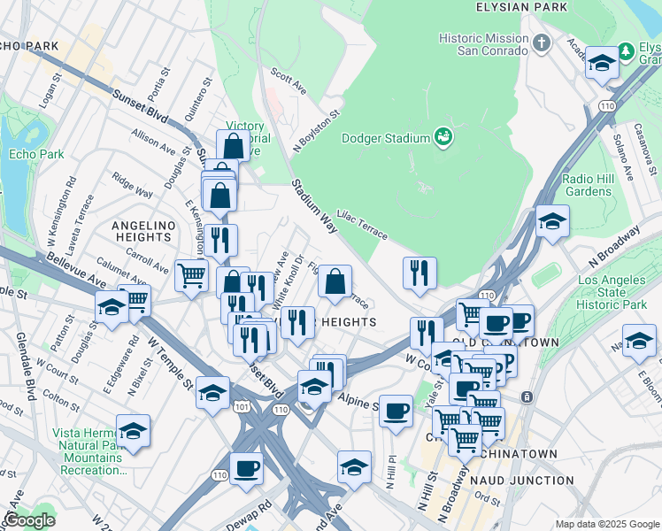 map of restaurants, bars, coffee shops, grocery stores, and more near 1013 Figueroa Terrace in Los Angeles