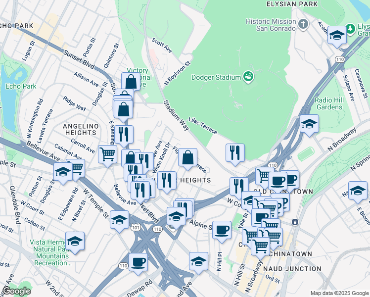map of restaurants, bars, coffee shops, grocery stores, and more near 1035 Figueroa Terrace in Los Angeles