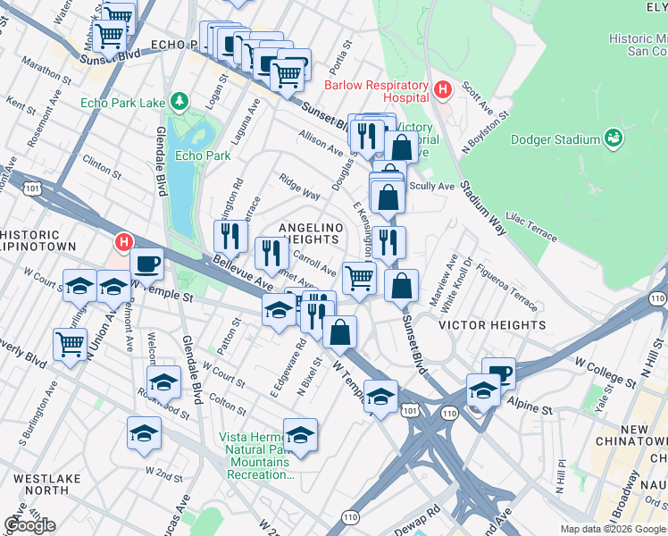 map of restaurants, bars, coffee shops, grocery stores, and more near 1329 Carroll Avenue in Los Angeles