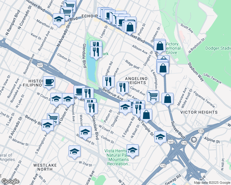 map of restaurants, bars, coffee shops, grocery stores, and more near 1442 Calumet Avenue in Los Angeles