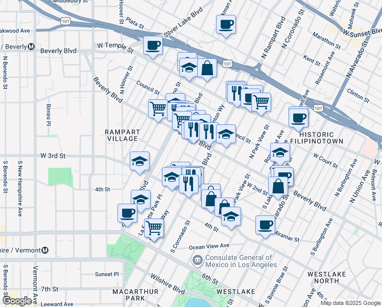 map of restaurants, bars, coffee shops, grocery stores, and more near 110 South Benton Way in Los Angeles