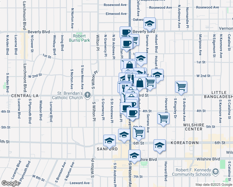 map of restaurants, bars, coffee shops, grocery stores, and more near 257 South Manhattan Place in Los Angeles